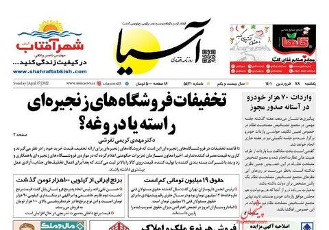 صفحه نخست روزنامه‌های اقتصادی یکشنبه ۲۸ فروردین ۱۴۰۱